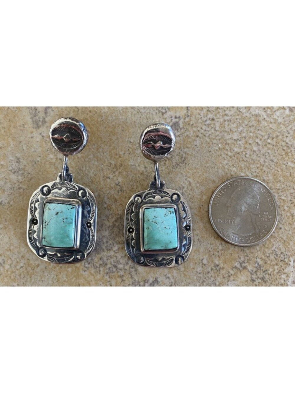 Wayne Aguilar Santa Domingo Turquoise Sterling Dangle Earrings Native American - Picture 3 of 6